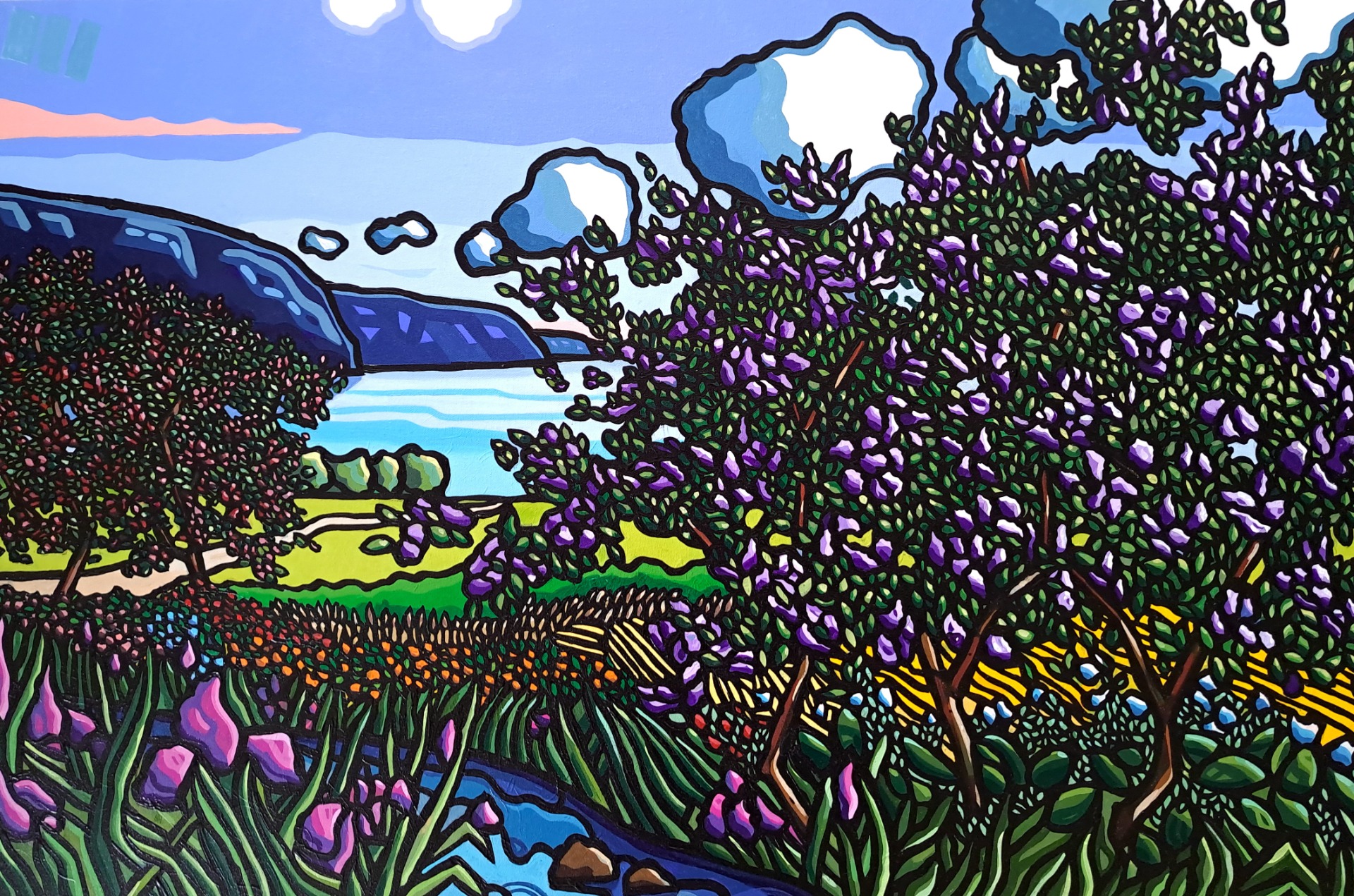 Matinée au jardin des lilas, Cap-à-l'Aigle, format 24 X 48 po. in. , VENDU/SOLD 